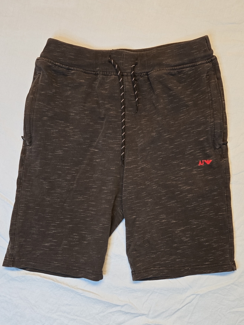 Armani Jeans Black Heather Speckle Sweat Pant Drawstring Shorts with Red Logo
